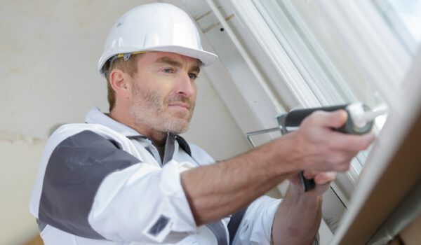 worker using a silicone to finish a patio