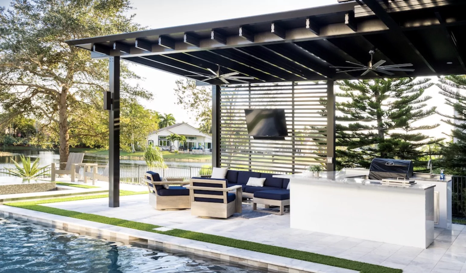 Beautiful patio by the water with patio roof