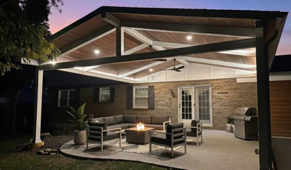 Gabled Roof Patio with Under Roof Lighting and Fan